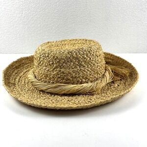 Scala Straw Boater Hat Womens Small Tan Good Natural Fiber Raffia Trim Tassel